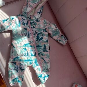The North Face Baby Hooded Snowsuit in Pink & Teal Mountain Print